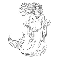 Wise Nereus Line Art – Ancient Sea God Vector Illustration with Flowing Water Symbols – Nereus Drawing – Line Art Drawing of Nereus – Nereus Icon – Greek God Vector