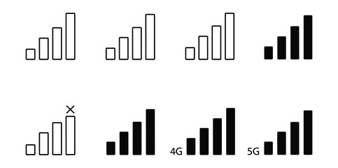 Cellular Network Signal Strength Icons Set, Full, Weak and No Connection with 4G, 5G, Bars, Vector Illustration