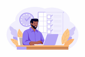 Man working on laptop with checklist and clock in background representing productivity and time management