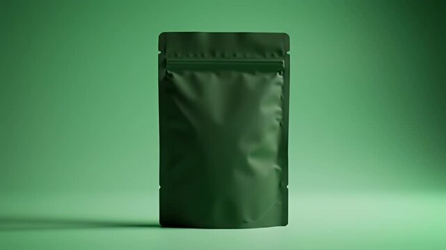 Blank Dark Green Matte Stand-Up Pouch with Zipper Closure on a Gradient Green Background, Ideal for Product Packaging Mockup or Template