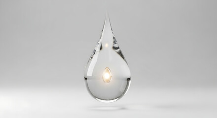 Fototapeta premium Clear transparent water drop with glowing golden essence inside pristine liquid element.