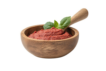 Fresh tomato paste in a wooden bowl with a basil sprig, perfect for cooking and culinary preparation.