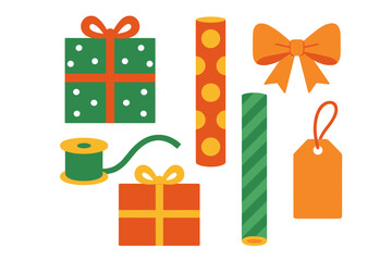 Fototapeta na wymiar Colorful vector outline icon set featuring gift boxes, wrapping paper rolls, ribbon, and tags for festive occasions