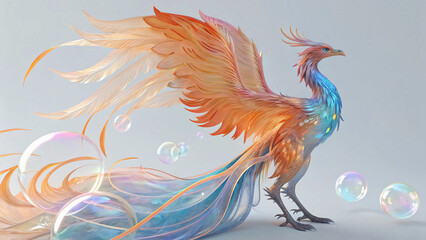 A vibrant digital painting of a powerful phoenix soaring through an ethereal landscape of shimmering bubbles.