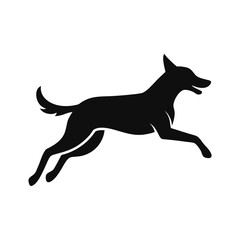 Dynamic dog leaping forward in a bold black silhouette