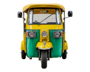 Vibrant Yellow and Green Tuk-Tuk isolated on a transparent background, Front View