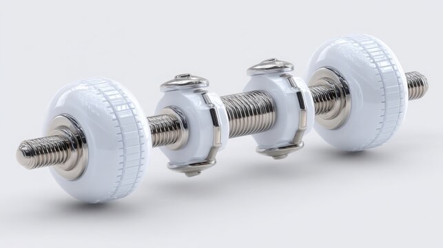 Pair of white plastic caste wheels on a neutral background signifying motion and functionality in a practical context