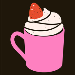 Mug with hot cocoa or coffee with strawberry. Hand drawn vector illustration.