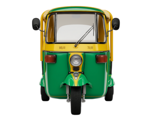 Vibrant Green and Yellow Auto Rickshaw isolated on a transparent background