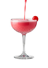 Vibrant pink Pink Squirrel cocktail, rich creamy texture, almond essence, in elegant crystal coupe glass with red cherry, isolated on light grey studio background with soft bokeh, macro. Concept for