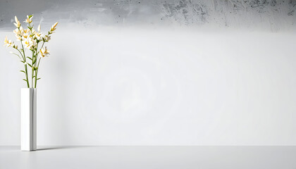 White Flowers in Minimalist Vase Against White Wall