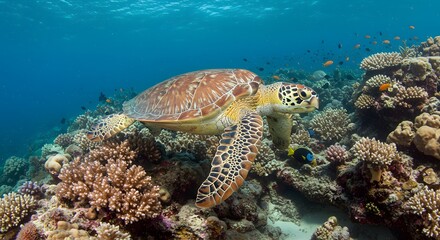 Fototapeta premium Sea turtle swimming among coral reefs