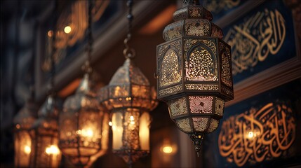 Hanging lanterns with Arabic calligraphy background