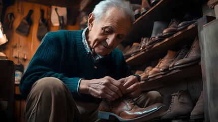 Elderly shoemaker repairing leather shoe in small workshop, surrounded by vintage tools and shelves of footwear, focused and nostalgic
