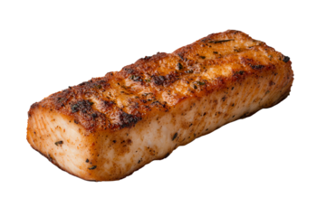 Grilled salmon fillet with a crispy crust, isolated on a white background, showcasing its delicious texture.
