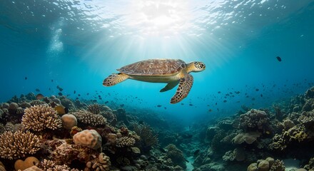 Sea turtle swimming over coral reef