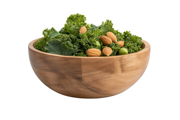 Healthy salad with fresh greens and almonds in a wooden bowl, perfect for nutritious meals.
