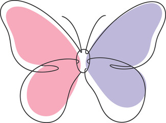 Minimalist continuous line art of a butterfly with one wing filled with pink and the other with purple.