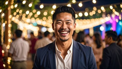 A joyful man smiles during an outdoor event with warm lighting creating an upbeat and lively mood.