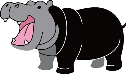 Simple and playful vector illustration of a hippopotamus with an open mouth, colored in shades of gray and black.