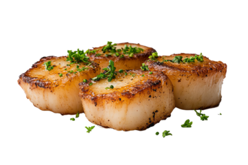 Succulent seared scallops garnished with fresh herbs, perfect for gourmet dishes.