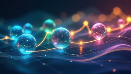 Esferas brillantes abstractas conectadas con flechas dinámicas, gráficos holográficos en el fondo, que representan confianza, crecimiento y avance tecnológico