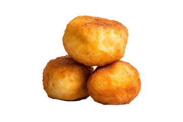 Three golden, crispy fried balls stacked together on a white background.