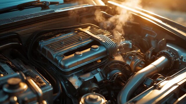 Car engine compartment with visible metal components and steam rising in warm sunlight, concept of automotive repair and mechanical power