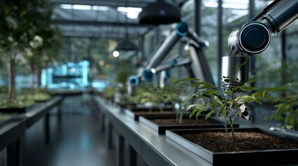 Robotic arms tending plants in a modern indoor greenhouse Automated agriculture technology