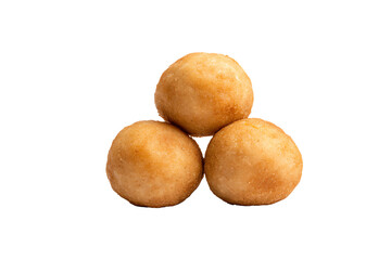 Three round sweet balls arranged together on a white isolated background.