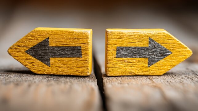 Two contrasting yellow and black arrows signifying diverging market trends for financial decision making