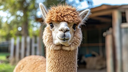Obraz premium Close-up of a light brown alpaca, fluffy fur, smiling face. Outdoors setting