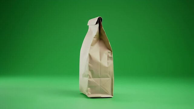 Eco-friendly brown paper lunch bag standing on green screen, perfect for takeaway food packaging mockups