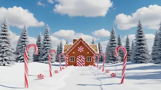 Image is a whimsical, digitally rendered winter scene featuring a snow-covered landscape. The layout is symmetrical, with a central path leading to a gingerbread house adorned with red and white candy