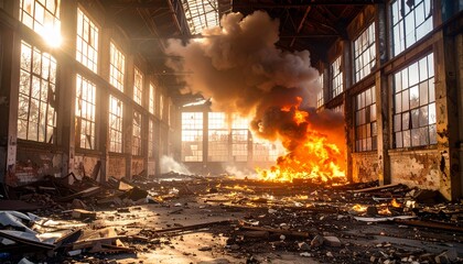 Industrial Factory Explosion with Smoke and Fire