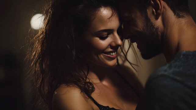 Couple dancing in a romantic embrace under cozy lighting - Powered by Adobe