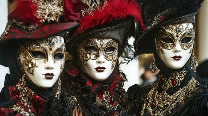 Elegant Venetian carnival masks in black red and gold, decorative ornate design