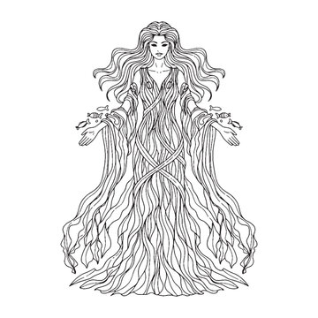 Symbolic Thalassa Line Art &ndash; Thalassa Vector Outline Drawing with Defined Mythical Features &ndash; Thalassa Drawing &ndash; Vector of Thalassa &ndash; Thalassa Outline &ndash; Greek Goddess Lineart