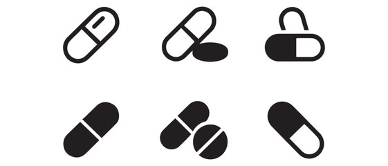Capsules line icon Set. Medicines, drugs or pills. Health care vector design concept, outline style pictogram use for and app. Vector black silhouette. with white background