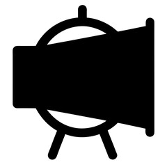 Black and white illustration of a spotlight with stand and framing wheel
