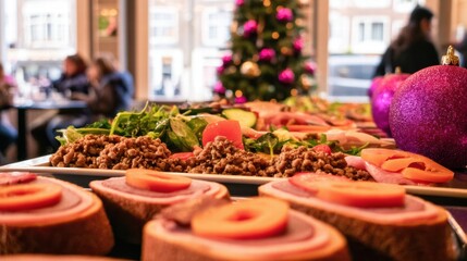 Business colleagues celebrating Christmas with office holiday decorations