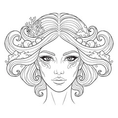 Thalassa Line Art – Ocean Goddess Vector Outline Drawing with Divine Sea Form – Thalassa Drawing – Vector of Thalassa – Thalassa Outline – Greek Goddess Lineart