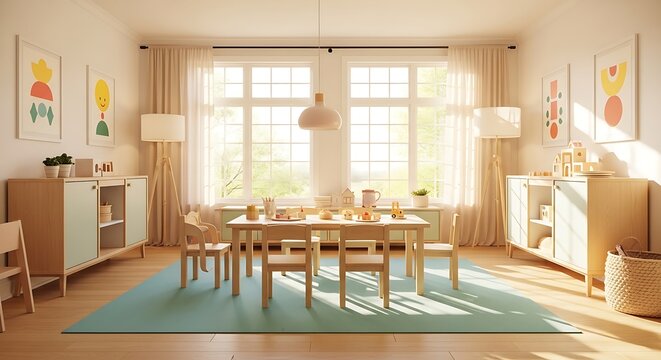 Bright playroom with natural light, wooden furniture, and colorful abstract art