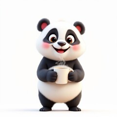 Obraz premium Cute panda holding a cup of hot coffee isolated on white background