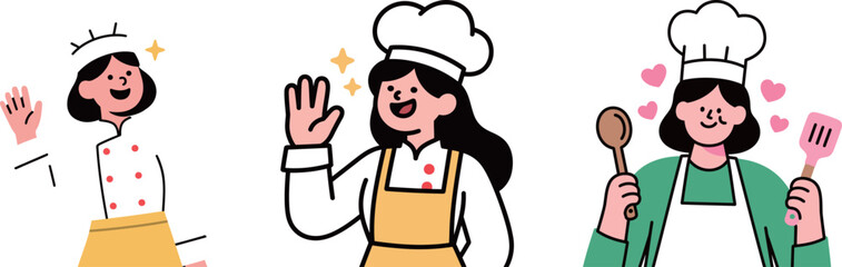 Playful vector illustrations of three happy female chefs in uniform, representing cooking, food, and people in the workplace.