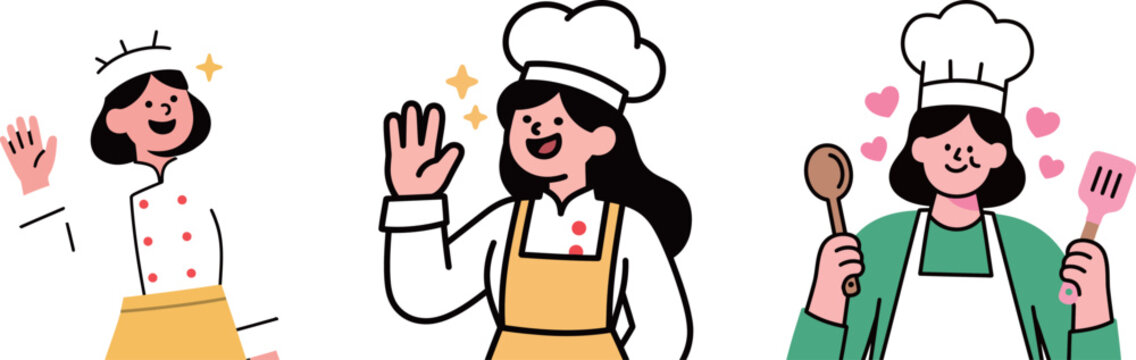 Playful vector illustrations of three happy female chefs in uniform, representing cooking, food, and people in the workplace.