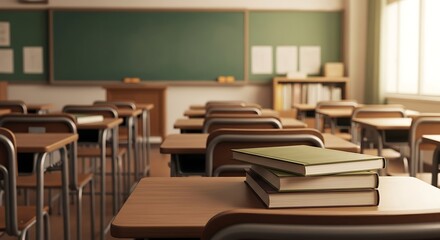 Classroom interior with stacked books on a desk, chalkboard and empty chairs