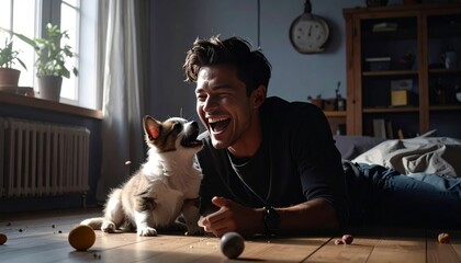 A joyous man playfully interacts with his adorable puppy in a sunlit room filled with laughter