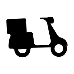 Black silhouette of a delivery scooter with a box carrier, transport vehicle
