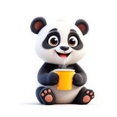 Naklejka premium Adorable panda sitting and holding a cup of coffee isolated on white background